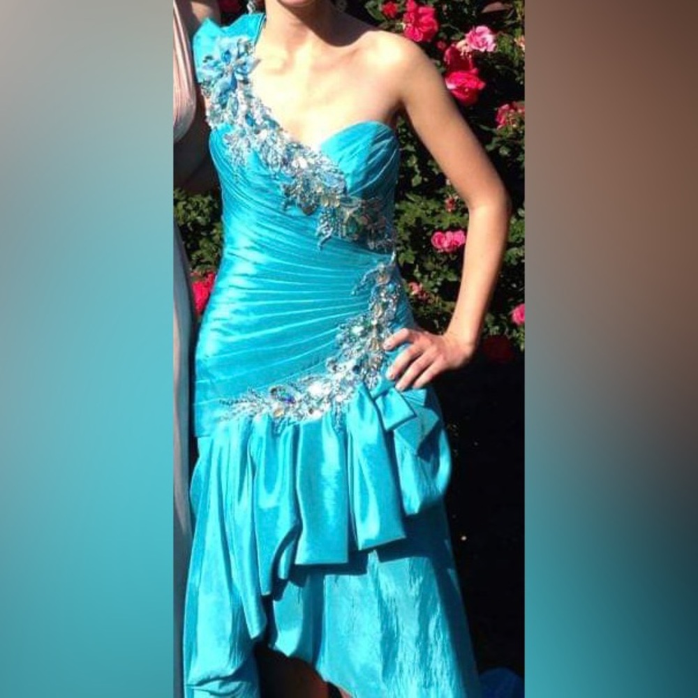 Stunning brilliant blue beaded high-low one-shoulder prom dress, sz 0 (alt)